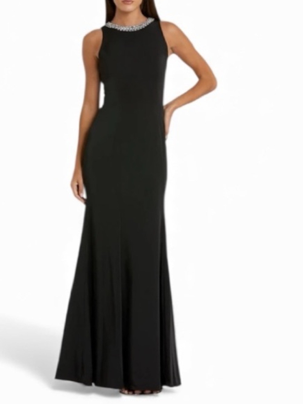 NWT Ieena for Mac Duggal Black Satin Embellished Neck Trumpet Gown Size 14